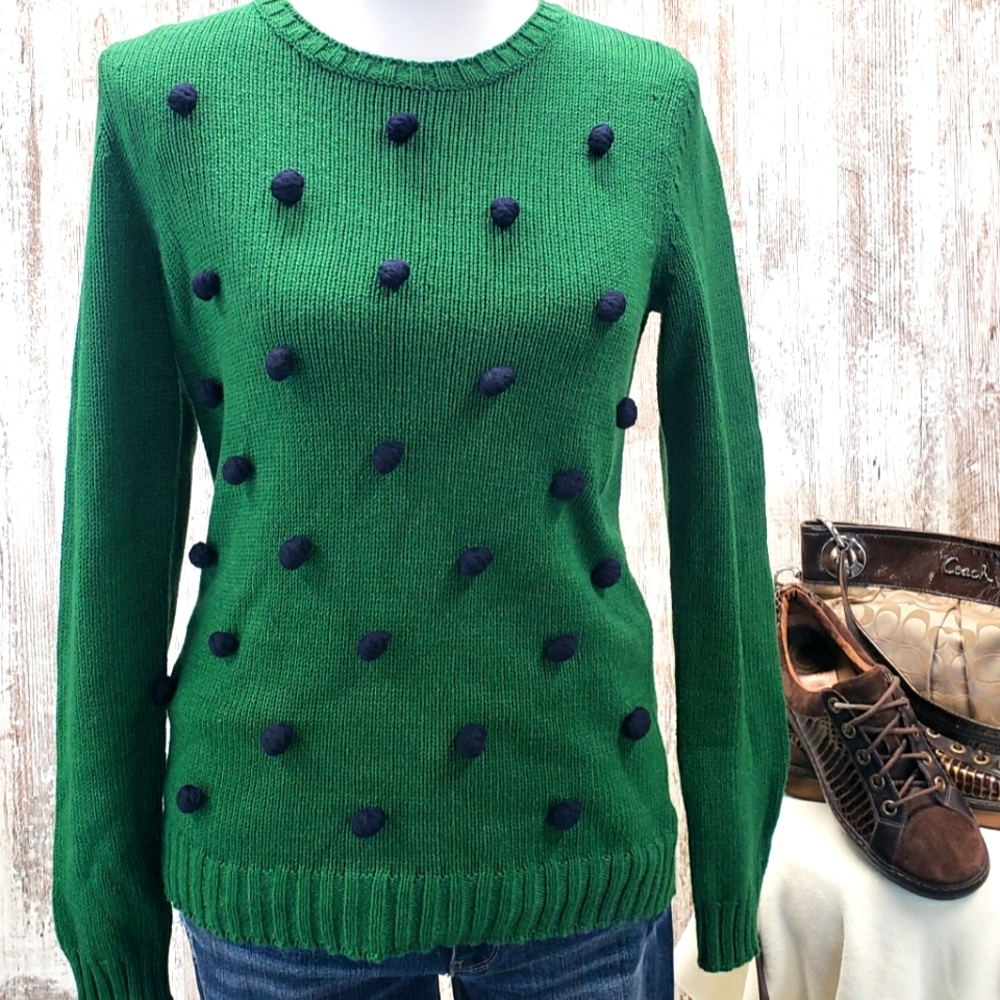 Talbots Green Sweater w/ Blue Pom Pom Balls Large